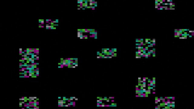 Datamosh compression blocks breaking in cyan, magenta and green on black, digital glitch overlay loop 4K