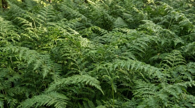 Green Fern Leaves with Soft Natural Light and Copy Space. Fresh green fern leaves with delicate textures and soft sunlight create a calming botanical background.