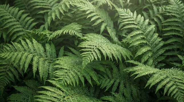 Green Fern Leaves with Soft Natural Light and Copy Space. Fresh green fern leaves with delicate textures and soft sunlight create a calming botanical background.