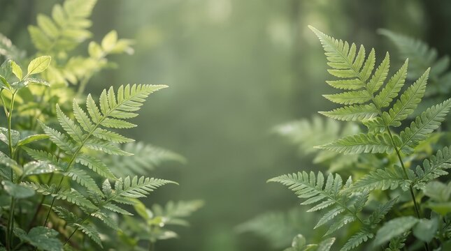 Green Fern Leaves with Soft Natural Light and Copy Space. Fresh green fern leaves with delicate textures and soft sunlight create a calming botanical background.
