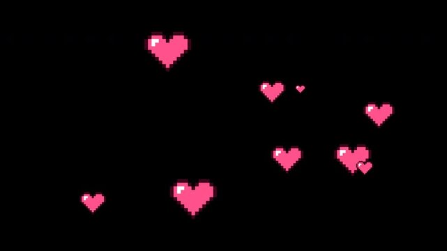 Pink pixel art hearts floating upwards on a transparent alpha channel background