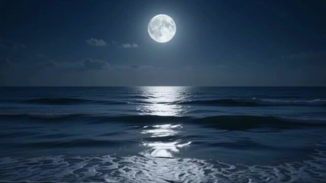 Full Moon Shining Over Dark Ocean Waves at Night Nature Video Footage