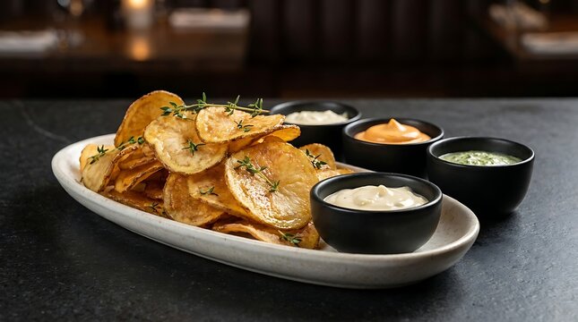 Crispy fried plantain chips served on a ceramic platter with various dipping sauces on a dark table. chip platter ideas