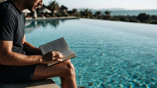 Man relaxing by pool with copy space