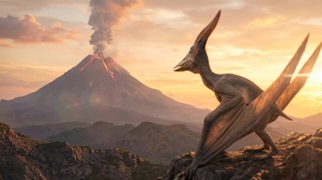 pteranodon close up at sunset with an erupting volcano in the background video