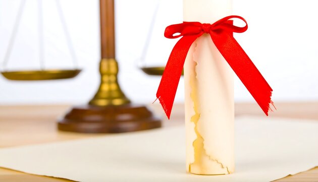 Rolled certificate paper tied with a red ribbon and law scales in background