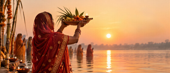Plakat Woman offering a basket of fruit toward the rising sun during Chhath Puja at a riverbank. Hindu sun worship and devotional ritual. Indian cultural festival and tradition. Sunrise ceremony