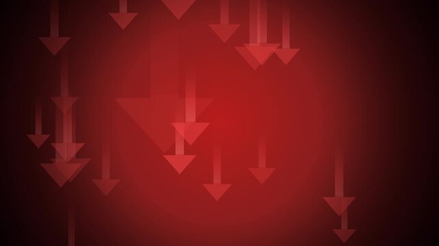 Red downward arrows falling down symbolizing financial loss and market crash