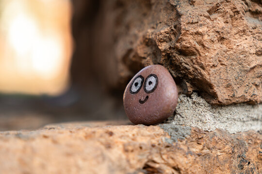 A smooth brown pebble with hand-drawn cartoon eyes and a smile rests against a rough stone wall, creating a playful and charming character scene in an outdoor garden environment