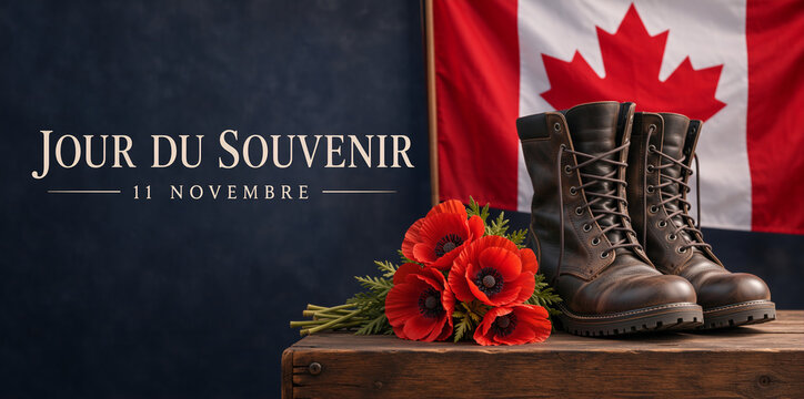 Canadian Remembrance Day banner with military boots and red poppies on wooden surface. Jour du Souvenir 11 Novembre concept with Canada flag