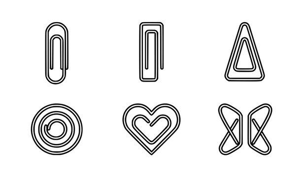 Collection of black and white line art paperclips in various geometric shapes