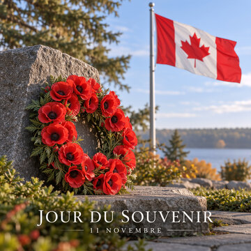 Remembrance Day poppy wreath on memorial stone. Canadian flag background.  Jour du Souvenir text. Veterans Day concept