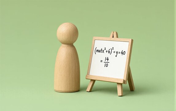 Wooden figure stands beside chalkboard with math equation on green background.