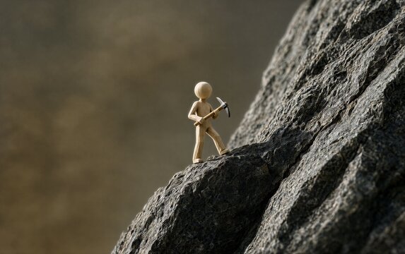 Tiny figure climbs steep rock with pickaxe, symbolizing perseverance and determination.