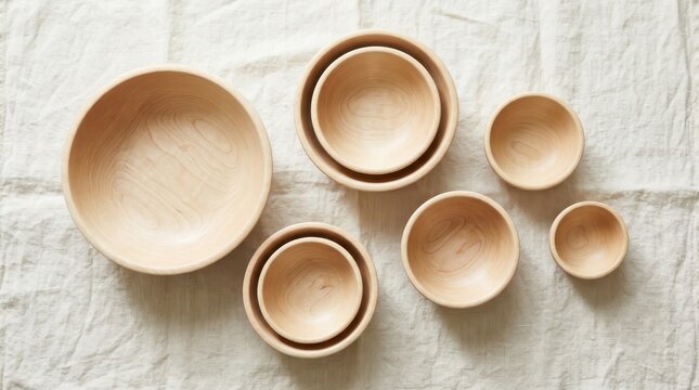 Overhead arrangement of natural maplewood bowls in varied sizes on softly textured white linen
