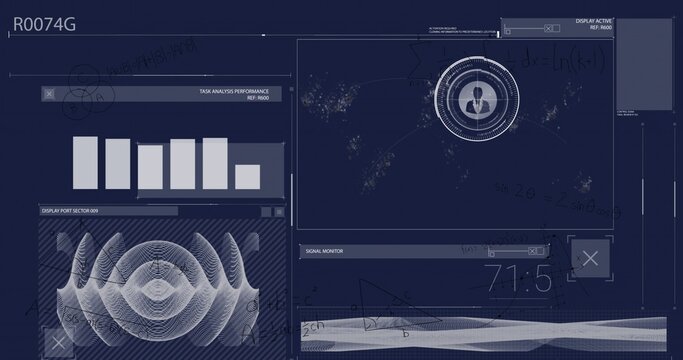 Displaying concentric HUD with human silhouette on right of navy blue monitor dashboard, copy space