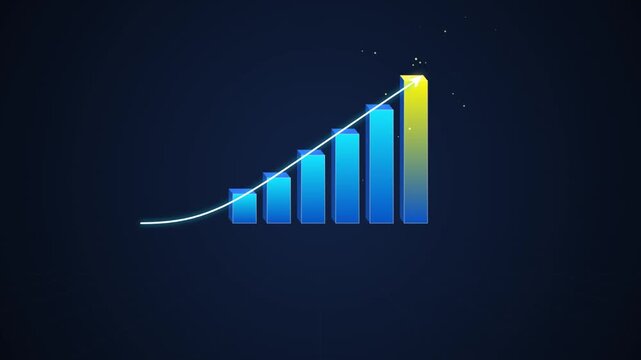 Blue bar graph with rising arrow showing growth on dark background, motion graphics.