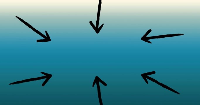 Pointing cluster of six black hand-drawn arrows drawing inward on two-tone vertical gradient field