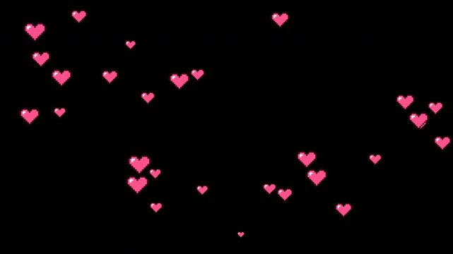 Retro pixel art pink hearts floating overlay with transparent background