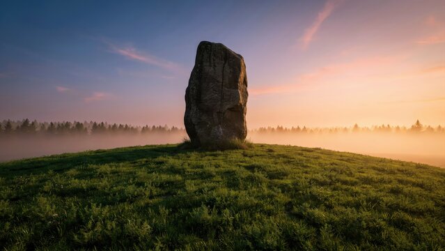 Large standing stone on a grassy hill at sunrise with morning mist