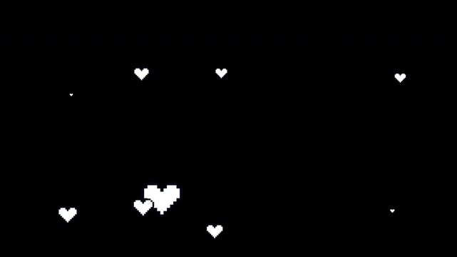 Retro pixel art white hearts floating upwards with transparent background