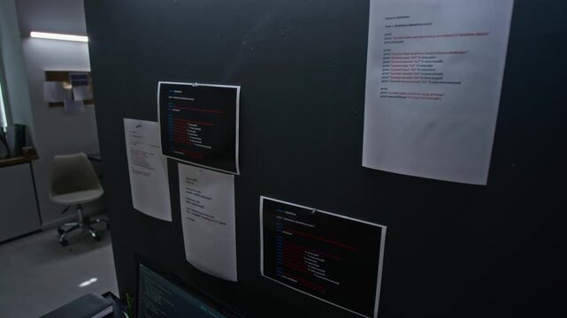 Printed programming code sheets hanging on black partition wall in modern IT office. Footage perfect for software development, coding tutorials, cybersecurity projects, and data science promos