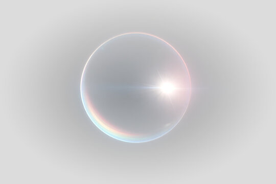Prismatic circular lens flare with central starburst on transparent background