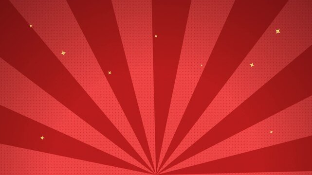 Red retro comic sunburst beams radiating with sparkling yellow stars overlay