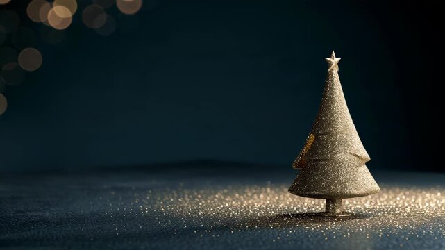 A cone-shaped gold Christmas tree stands on a dark floor with scattered glitter and warm lights in the background during the holiday season.