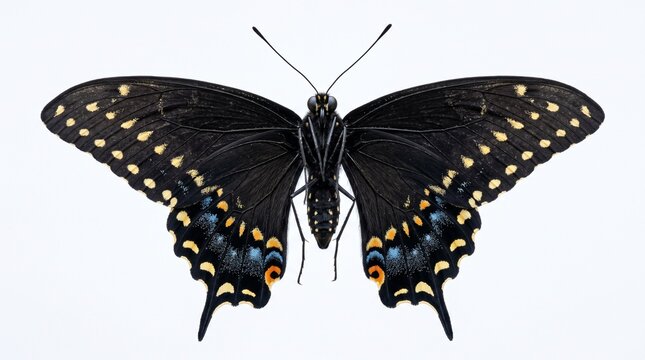 Black butterfly resting on a delicate green leaf, detailed dark wings with subtle patterns, clean white background, soft studio lighting, sharp focus, realistic textures, professional macro stock phot