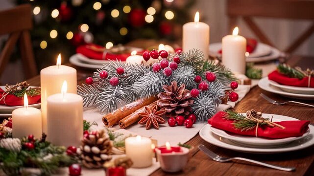 Festive Christmas table setting with burning candles, frosted pine garland, and red napkins. Holiday dinner arrangement in warm interior lighting. Lockdown shot with subtle panning.