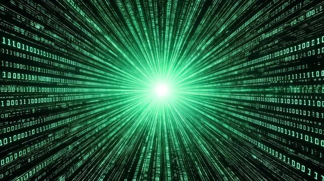 Binary code tunnel radiating green luminous data streams from bright center. High speed information flow representation in cyberspace. Forward camera movement.