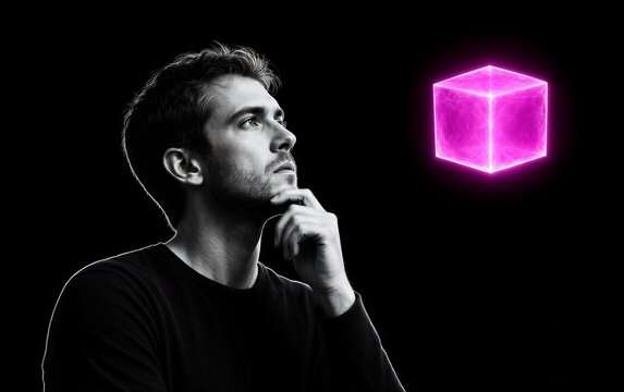 Man contemplates glowing purple cube against stark black background.