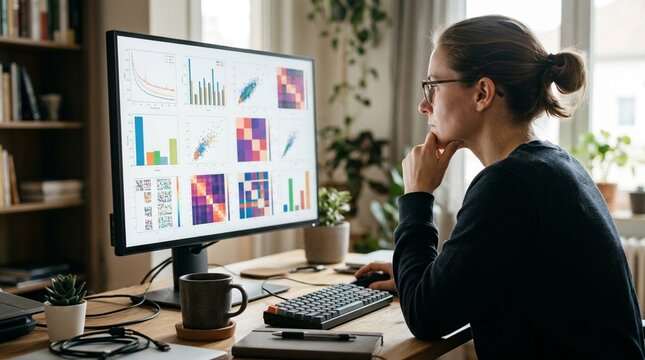 Data scientist reviewing machine learning model results on monitor beside coffee cup, AI analytics and data science