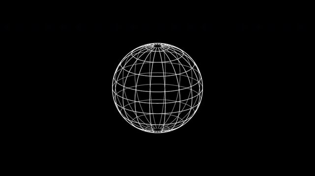 Rotating wireframe globe mesh with lines on transparent background overlay