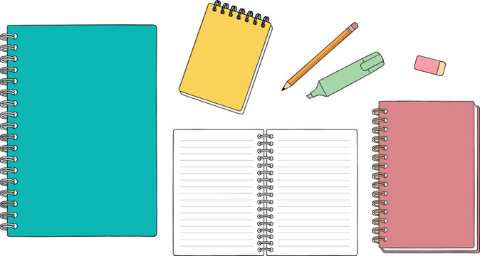 Cute colorful spiral notebook vector set with open notepad pencil highlighter and eraser icons on white background