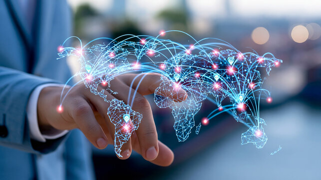 Close-up of a hand controlling a holographic supply chain map with connected logistics routes and automated checkpoint indicators, logistics automation, smart supply chain, global