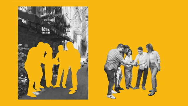 Friends gathering beside matching silhouette cutouts in monochrome and yellow paper collage. Social inclusion, community belonging concept.