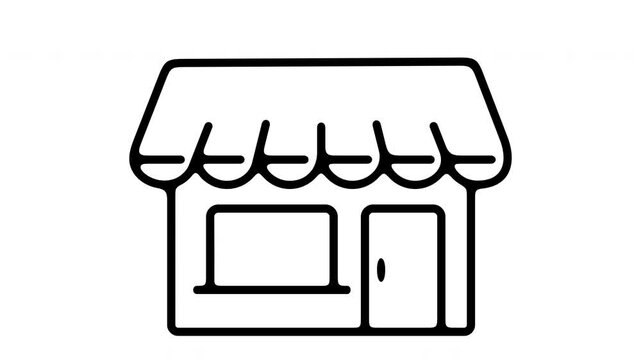 Stylized flat 2D animation of a retail shop storefront appearing in motion. Commercial store facade and boutique canopy pop-up icon. Alpha channel transparent background video clip.