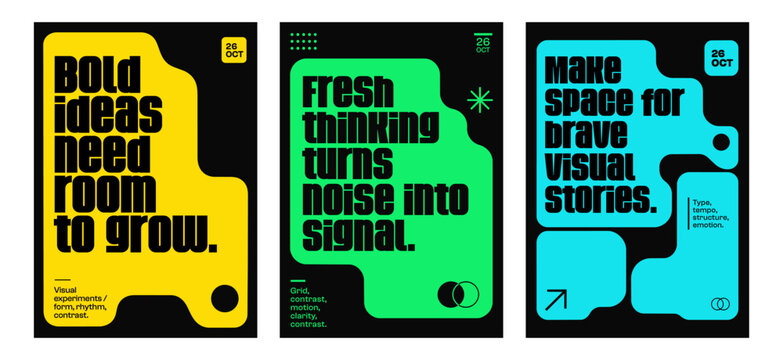 Set of three bold typography posters with abstract geometric shapes in yellow, green and cyan on black backgrounds. Concept of modern graphic design, creativity and visual communication