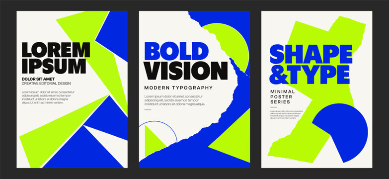 Set of three modern abstract typography posters with bold black text, electric blue geometric shapes and neon green accents on white. Concept of graphic design, editorial art and creativity
