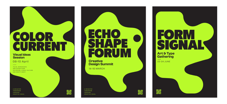 Set of three modern abstract typography posters with neon green organic shapes, bold black text and creative event layouts. Concept of graphic design, art festival and visual communication