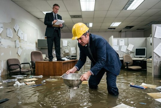 A businessman in a hardhat uses a colander to bail water in a flooded office while a manager inspects from a desk, depicting futility and poor crisis management.