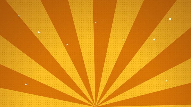 Rotating yellow and orange comic sunburst rays with halftone pattern and stars