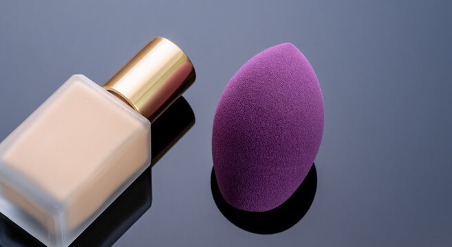 Flat ended purple makeup sponge beside beige liquid foundation in a glass bottle on a dark reflective studio background, beauty tools arranged for cosmetic application, branding and advertising.