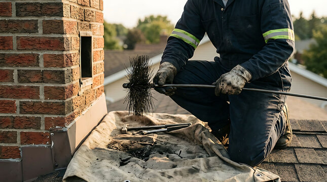 Chimney sweep professional cleaning a brick chimney on a roof with equipment