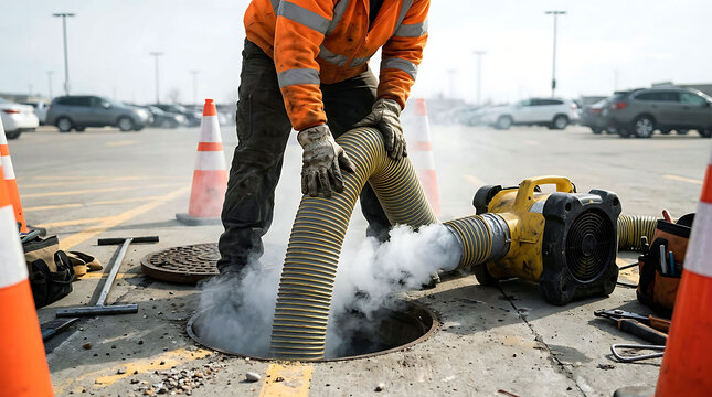 Utility worker using a smoke machine blower for sewer inspection and testing