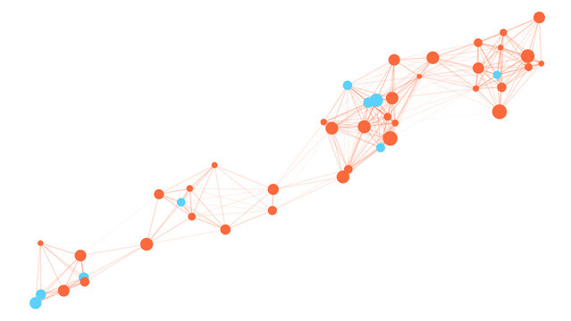 Abstract network connection graph with orange nodes and blue points on white background
