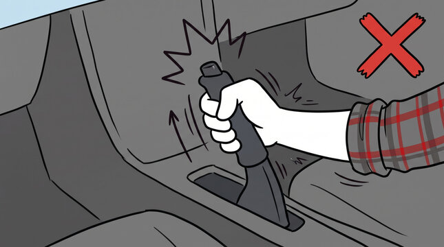 Close up of hand pulling handbrake lever in car interior with red cross mark for driving lesson and incorrect technique warning concept, digital comic style illustration
