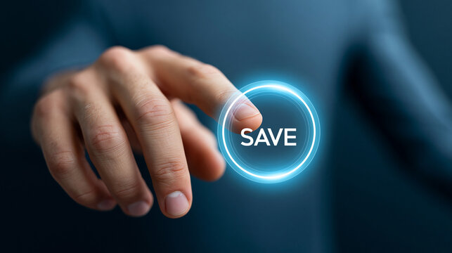 Person pressing glowing digital save button symbolizes data storage backup synchronization and file management software.